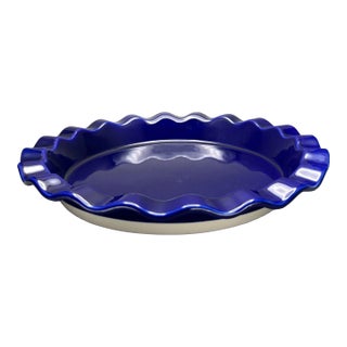 Vintage 14-Inch Cobalt Blue Stoneware Ruffled Pie Dish With Scalloped Rim For Sale