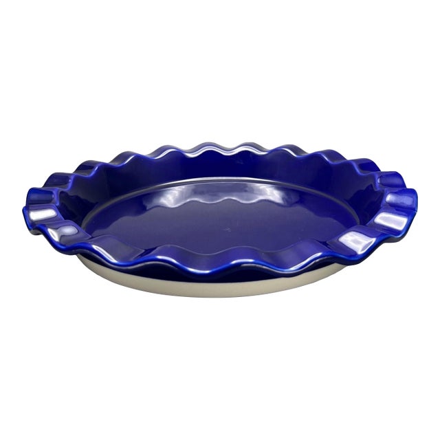Vintage 14-Inch Cobalt Blue Stoneware Ruffled Pie Dish With Scalloped Rim For Sale
