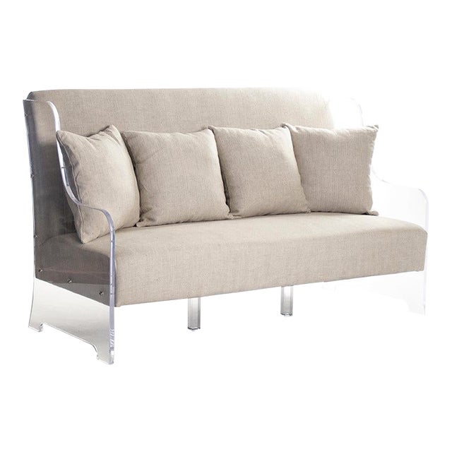 Acrylic Bench Settee, Natural Linen For Sale