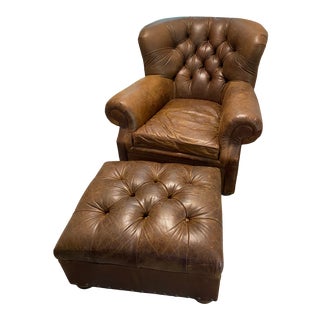 Restoration Hardware Leather Chair and Ottoman For Sale