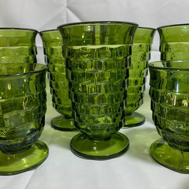 Indiana Glass Company Vintage Indiana Glass Company Avocado Green "Whitehall" “Cubist” Set of 11 For Sale - Image 4 of 5