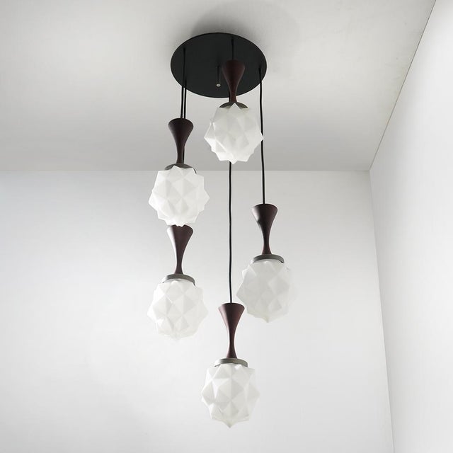 Reggiani 5-Pendant Chandelier in Glass, Metal, and Teak from Reggiani, 1960s For Sale - Image 4 of 15