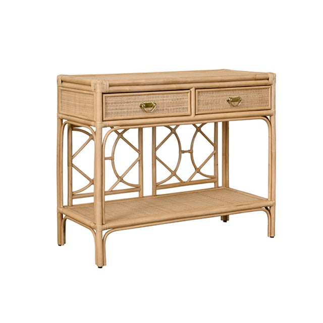 Introducing the Gideon Natural Rattan Two Drawer Console, featuring a decorative back and two drawers for stylish storage....