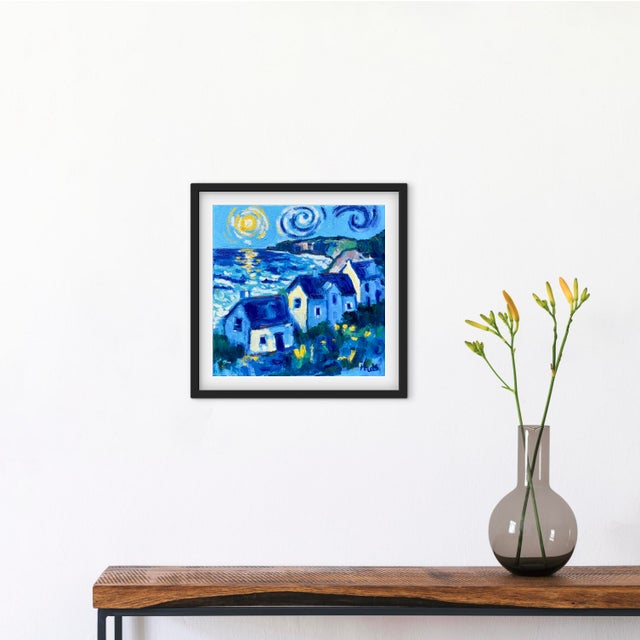 Modern Sunlight Over the Coastal Cottages, Original Oil Painting Seascape For Sale - Image 3 of 8