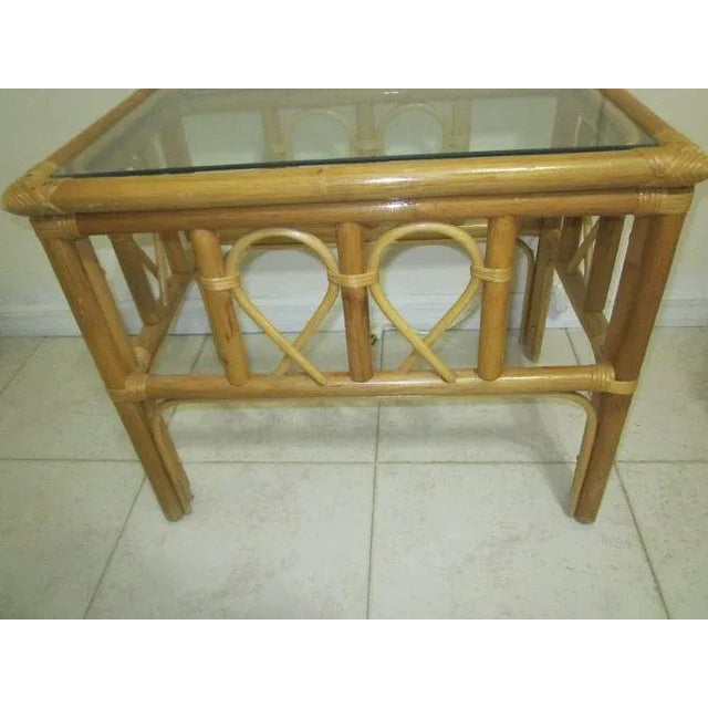 1990s Vintage Tiki Palm Beach Bamboo Rattan End Table Glass Top Honey Color Set of 2 For Sale In Naples, FL - Image 6 of 12