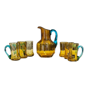Antique Legras/Portieux George Sand Handblown Amber Pitcher and Six Amber Glasses With Teal/Blue Handles, Vaseline/Uranium Glass, Circa 1890’s