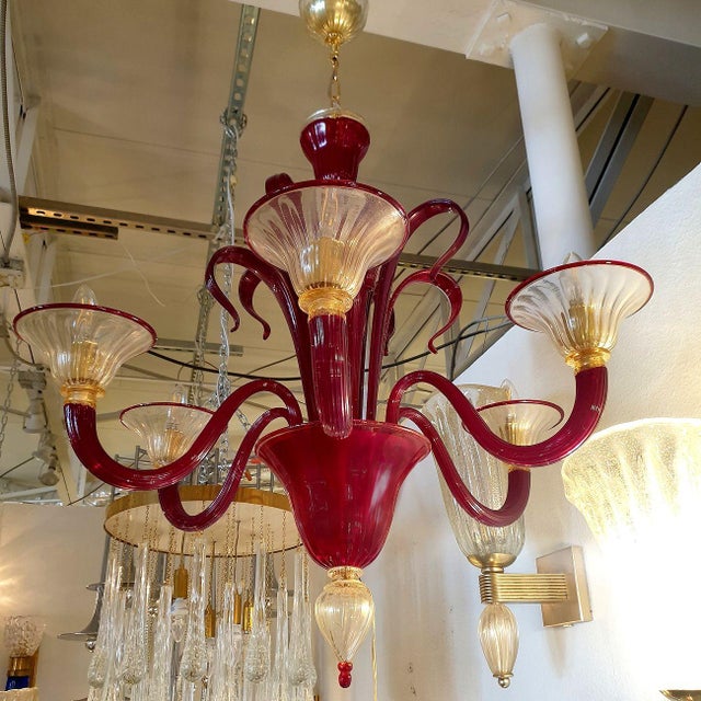 1960s 1960s Red and Gold Murano Glass Chandelier, Italy For Sale - Image 5 of 12