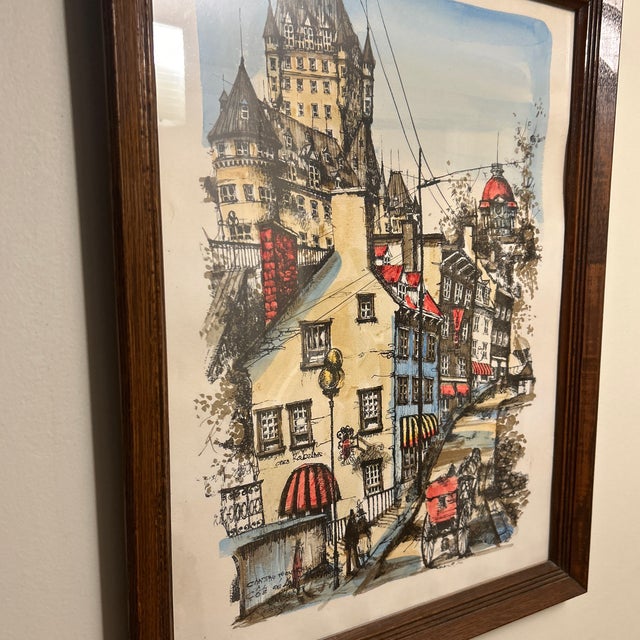 Mid-Century Modern 1970s Mid-Century Modern Hand-Tinted Lithograph of Old Quebec by Nikola-Château Frontenac View 22x 14 Original Oak Frame For Sale - Image 3 of 12