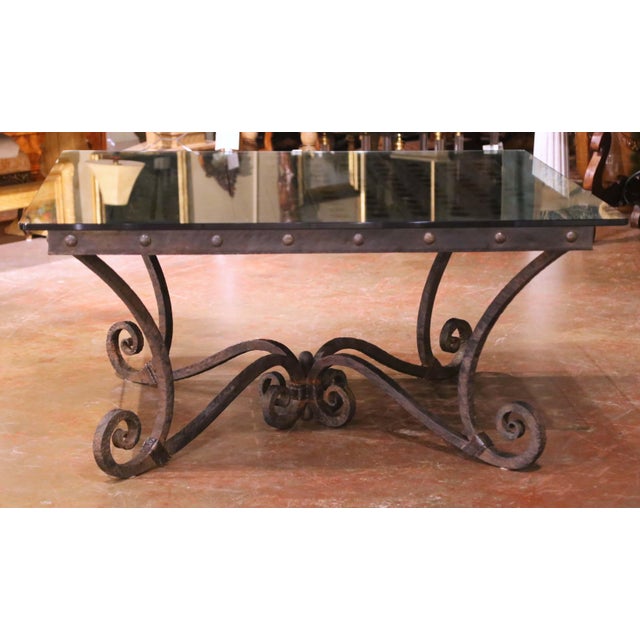 Mid-Century French Iron and Oak “Hérisson À Bouteilles” Table With Glass Top For Sale In Dallas - Image 6 of 15