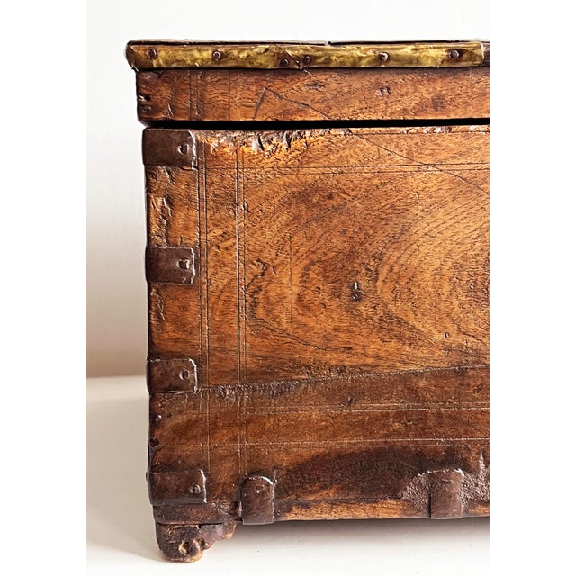 Antique 18th C. Indian Teak 18" Dowry Chest / Box With Iron Strapping and Brass Detailing For Sale - Image 10 of 12