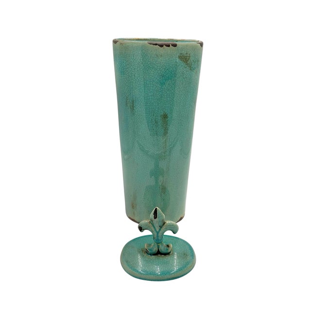 Early 21st Century Large Crackle Glaze Turquoise Fleur-De-Lis Lidded Jar For Sale - Image 5 of 7