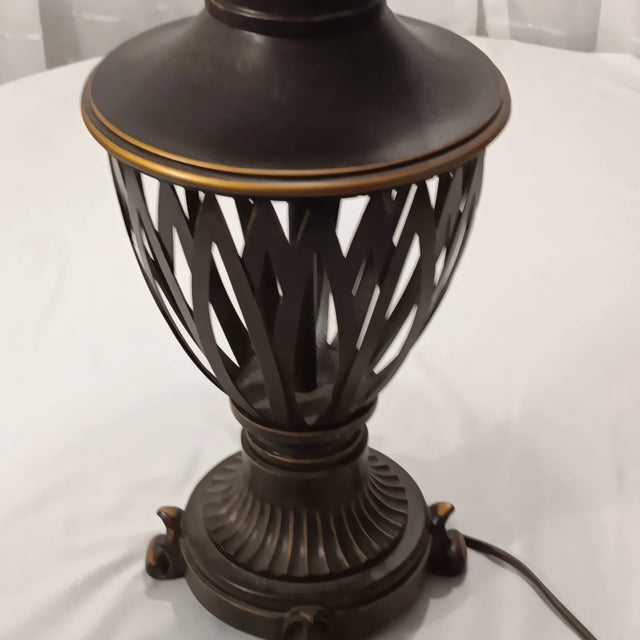 1974 Vintage Openwork Metal Table Lamp Bronze Color With Gold Accent For Sale - Image 6 of 12