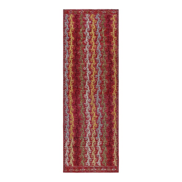 Rug & Kilim’s Tribal Style Runner Rug in Red With Colorful Geometric Stripes For Sale