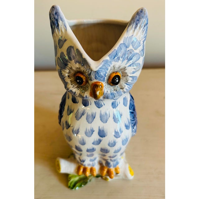 Vintage Mid Century Blue & White Hand Painted Ceramic Owl Pitcher For Sale - Image 4 of 11