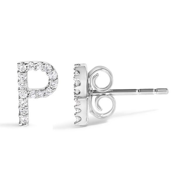 Contemporary 10K White Gold 1/10 Cttw Diamond 'P' Initial Stud Earring For Sale - Image 3 of 5
