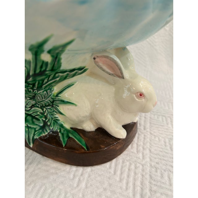 Shabby Chic 1985 Haldon Group Majolica Style Bunny Rabbit Compote For Sale - Image 3 of 8