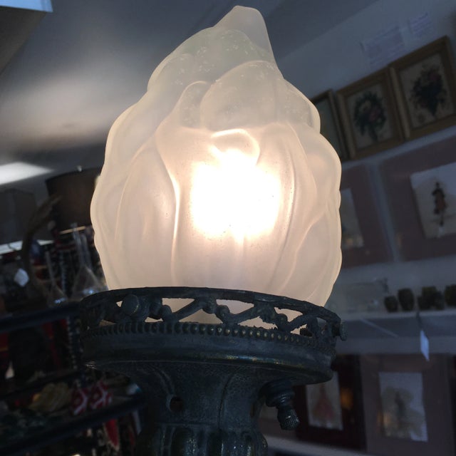 Hollywood Regency Metal Standing Warrior Lamp With Frosted Glass Torch For Sale - Image 3 of 13