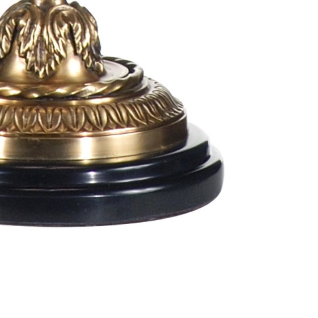 Hand finished and painted antique patina on cast brass 34h x 8.3w x 8.3d Shade Dimensions: top(9) bottom(11) side(9)
