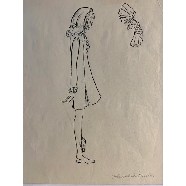 Original fashion drawing in ink by Columbia Miller, c. 1964. Ruffled collar on dress neck and sleeves. Elizabethan design...