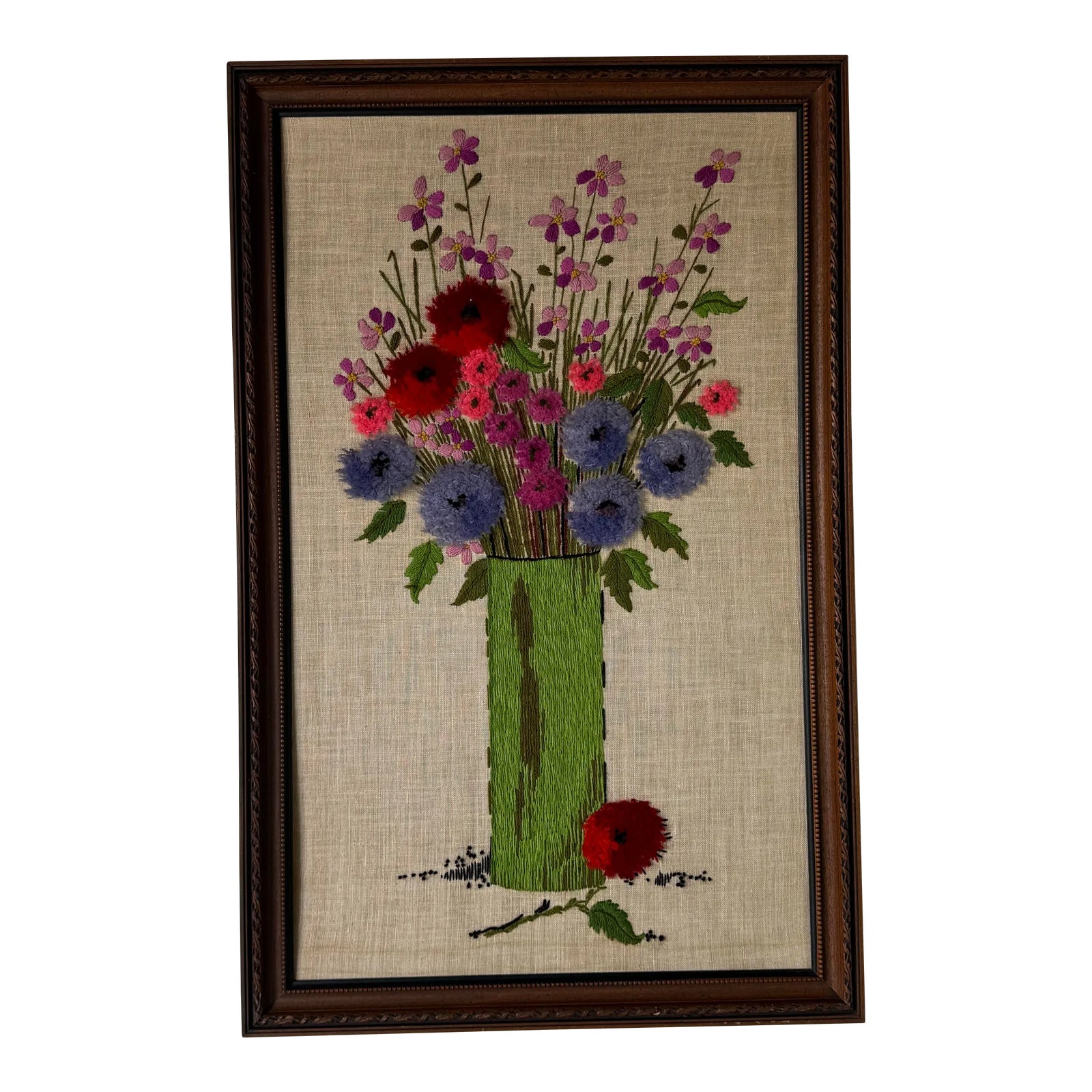 Vintage Crewel Embroidery Stitched Floral Still Life Art Wall Hanging ...
