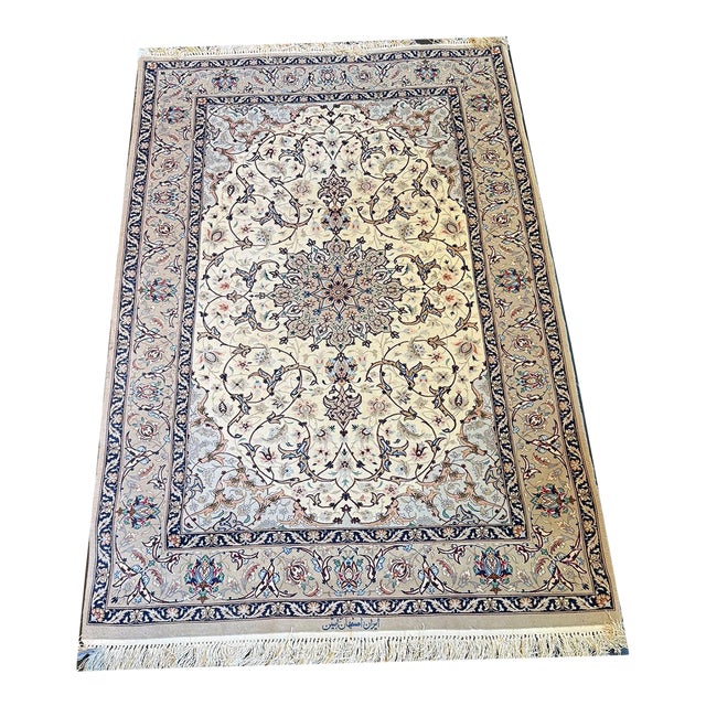 Vintage Super Quality Silk & Wool on SilK 500 Kpsi Signed Persian Isfahan Rug For Sale