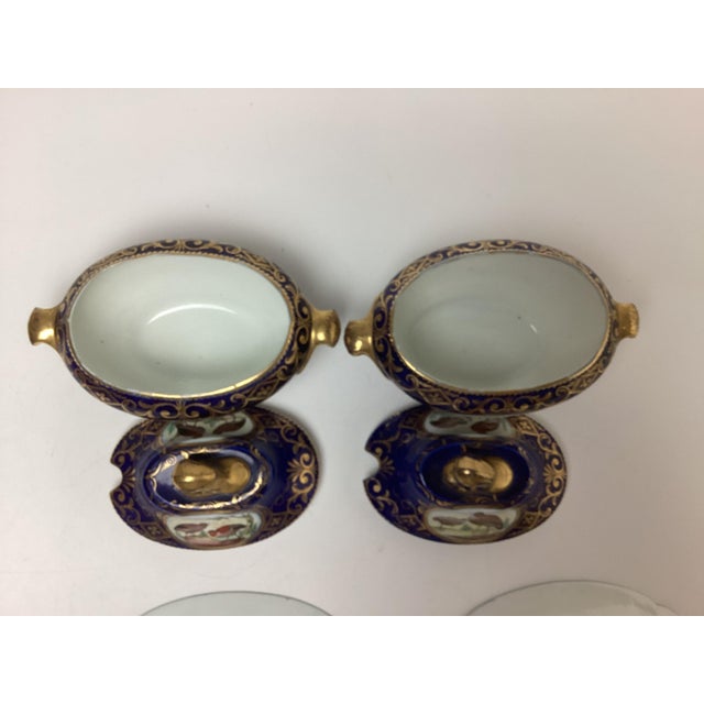 Pair Antique Coalport Porcelain Cobalt With Birds Covered Sauce Tureens With Under Plates For Sale - Image 9 of 12