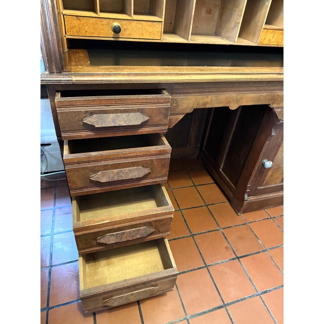 Antique Walnut Roll Top Desk, Many Drawers & Cubby Holes, Leather Mat For Sale In Chicago - Image 6 of 12