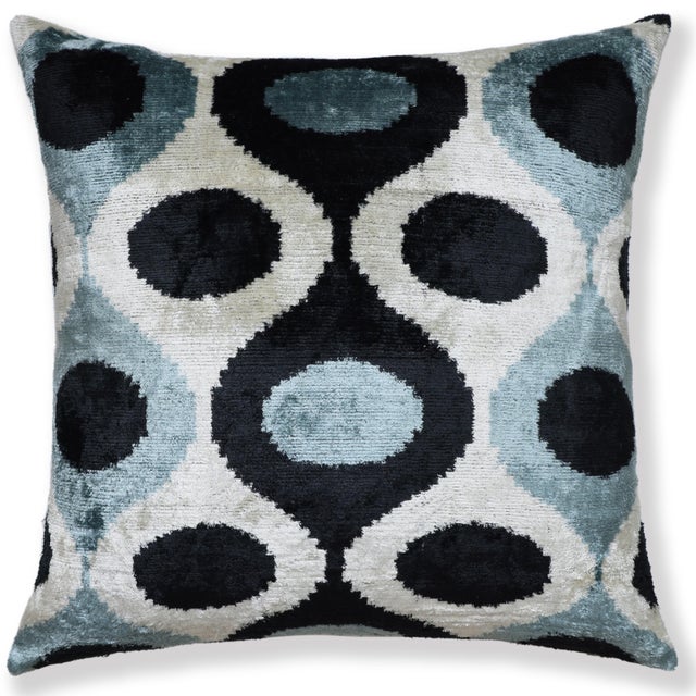 Mid-Century Modern Blue & Black Ikat Silk Velvet Throw Pillow 20x20 | Handmade Designer Accent Pillow For Sale - Image 3 of 8