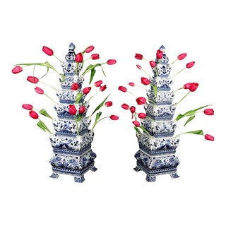 Blue and White Porcelain Tulipière Flower Pyramids in the Dutch Delft Style, Pair For Sale