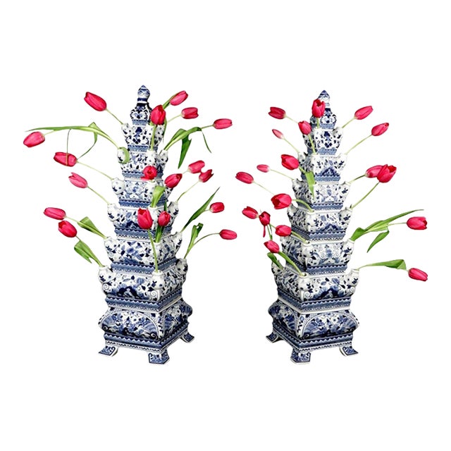 Blue and White Porcelain Tulipière Flower Pyramids in the Dutch Delft Style, Pair For Sale