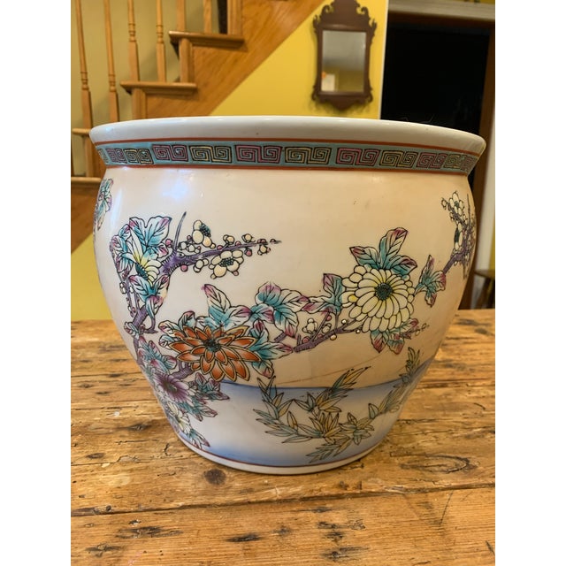Chinese Large Mid-Century Chinese Export Colorful Hand Painted Cranes Flowers Fish Bowl Planter Cachepot For Sale - Image 3 of 12