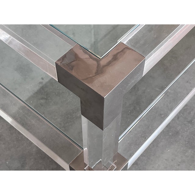 Transparent Midcentury Square Lucite Coffee Table With Chromed Metal Details For Sale - Image 8 of 9