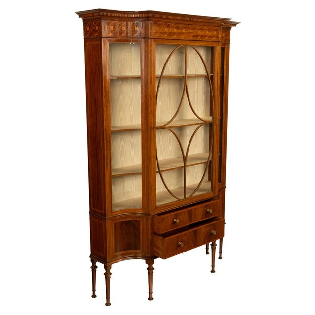 Antique Art Nouveau Inlaid Mahogany Display China Cabinet Vitrine Waring Gillow, 1905 For Sale In Portland, OR - Image 6 of 13