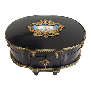 XXL Antique French Ebony Napoleon III Bronze & Sevres Plaque Vanity Jewelry Box For Sale