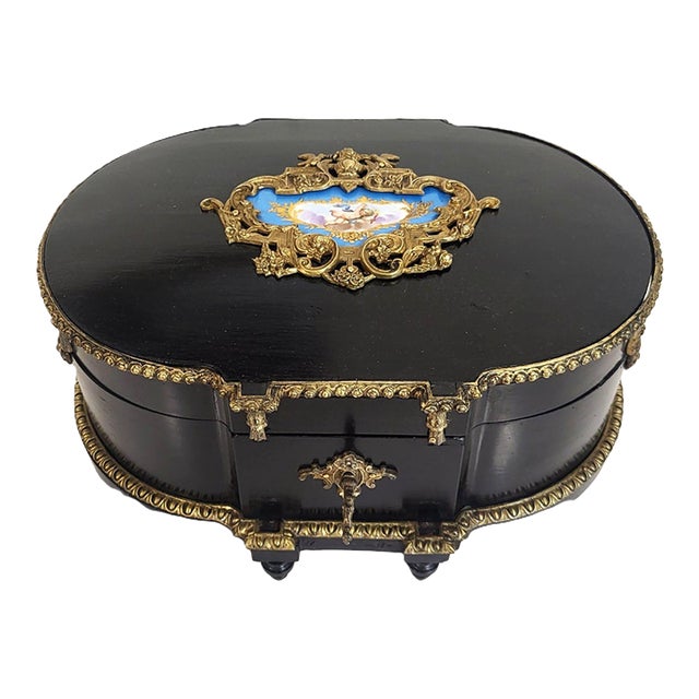 XXL Antique French Ebony Napoleon III Bronze & Sevres Plaque Vanity Jewelry Box For Sale