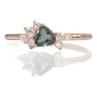 Alexandrite Ring With Earth-Mined Diamond Accents: Solid 14k Gold, Trillion 5mm, Size 6.75 For Sale