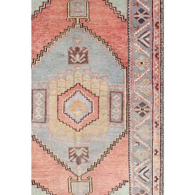 Vintage Turkish Oushak Medallion Rug in Salmon, Light Green, Gray & Light Blue Measures: 3'2 x 6'3. Turkish Tribal Vintage...