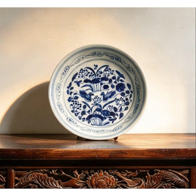 Art Deco Chinese Ceramic Plate,Guangxu Marked Blue and White Porcelain Plate Hand Painted Mandarin Ducks Pattern For Sale - Image 3 of 11