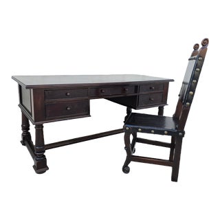 1990s Spanish Colonial Leather Desk and Chair - Set of 2 For Sale