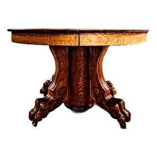 Early 20th Century Solid Oak Clawfoot Dining Table With Four Leaves For Sale