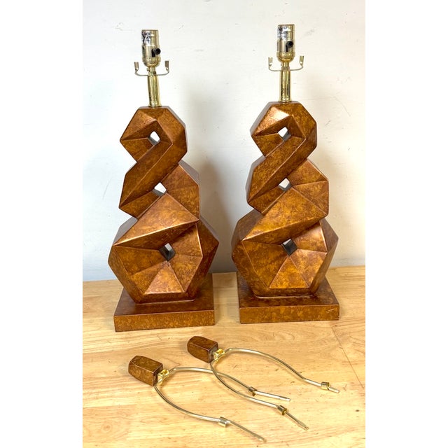 Late 20th Century Christopher Guy Style Tortoiseshell Lacquer Spiral Polyhedron Lamps - a Pair For Sale - Image 9 of 11