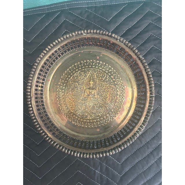 Asian Vintage Thai Brass Pedestal Offering Tray With Embossed Deity Motif For Sale - Image 3 of 6