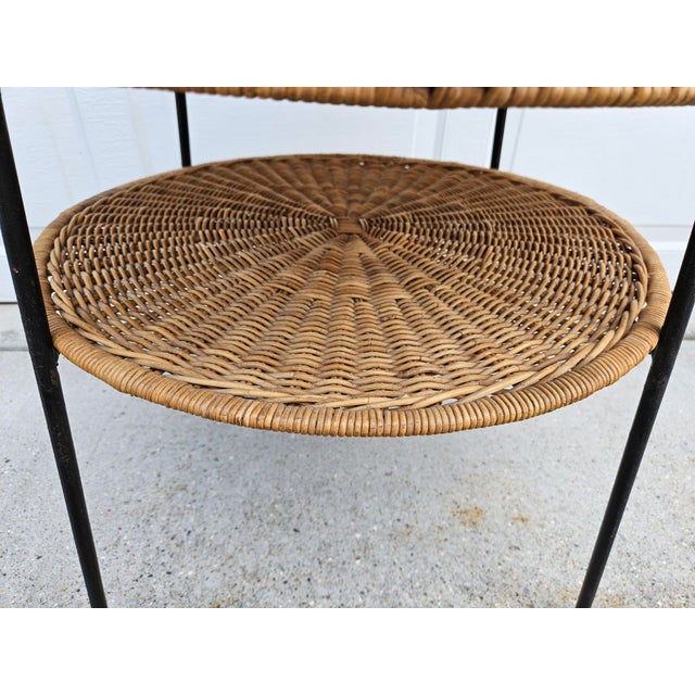 Brown 60s Round Wicker Rattan Side Table Brass Ball Feet For Sale - Image 8 of 14