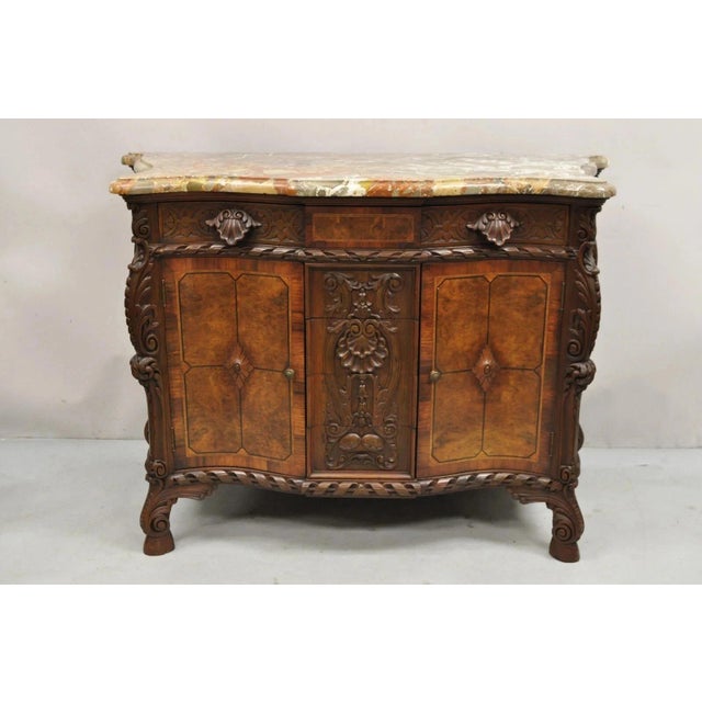 Antique French Louis XV Baroque Style Burl Walnut Marble Top Commode 5 Drawer Dresser. Item features 5 dovetailed drawers,...