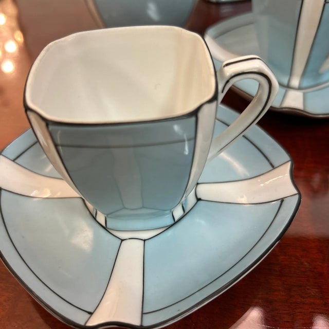 Ceramic Noritake Art Deco Style Robin's Egg Blue, White and Black Stripe Demitasse Service for 4 Signed For Sale - Image 7 of 11