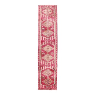 Vintage Pink Geometric Turkish Hand-Knotted Runner For Sale