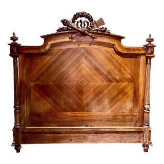 French Louis XVI Walnut Full-Size Headboard with Carvings, 19th Century For Sale