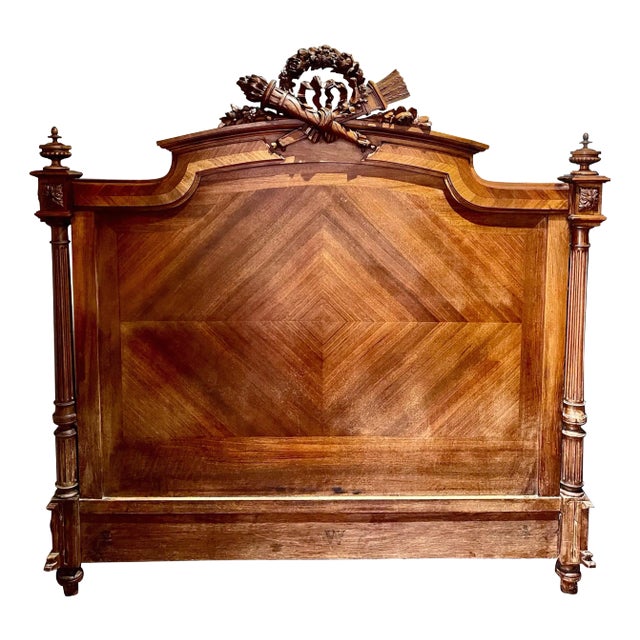 French Louis XVI Walnut Full-Size Headboard with Carvings, 19th Century For Sale