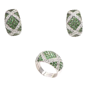 Tsavorite Garnet Diamond Dome Ring and Earrings White Gold Set - 3 Pieces