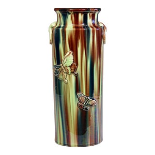 Early 20th Century Pottery Vase with Butterfly Motif and Drip Flambe Glaze For Sale